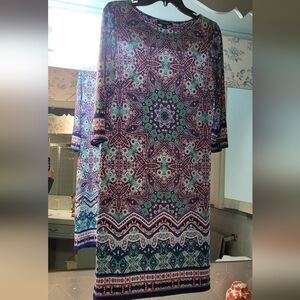 Roz & Ali- Geometric Long Sleeve Dress, M - Blue, Teal, Coral, White